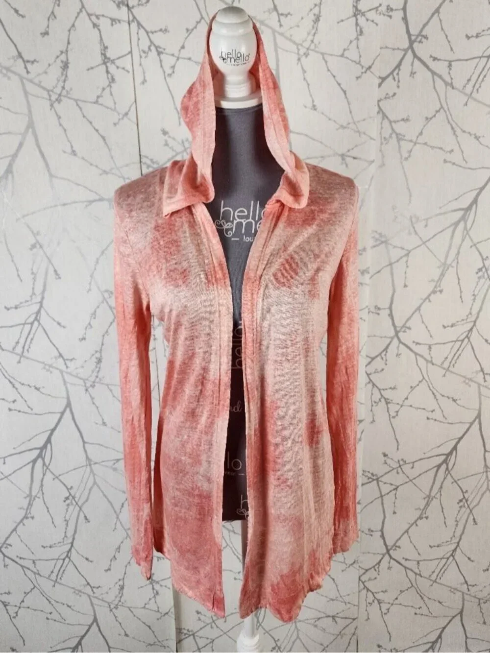 Rachel Zoe Salmon Tie Dye 100% Linen Knit Open Hooded Cardigan